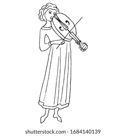 Isolated vector illustration. Young medieval character playing violin. Hand drawn linear doodle ink sketch. Black silhouette on white background.