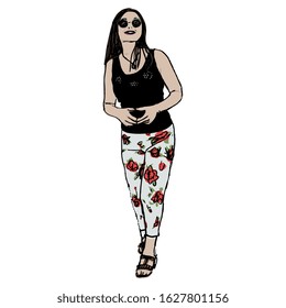 Isolated vector illustration. Young smiling Caucasian woman in summer cloths. Hand drawn colorful doodle sketch.