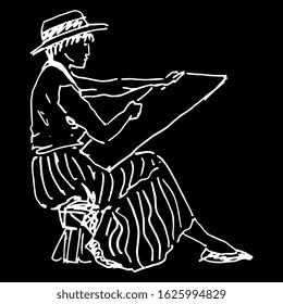 Isolated vector illustration. Young woman artist making sketches. En plein air. Hand drawn linear doodle sketch. White silhouette on black background.