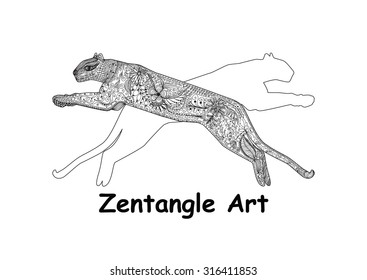 Isolated vector illustration in zentangle style. Doodle. Running jaguar