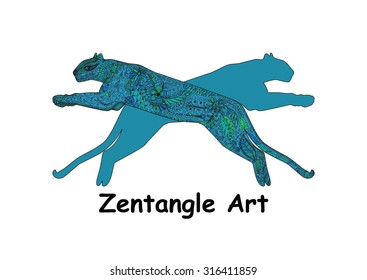 Isolated vector illustration in zentangle style. Doodle. Running jaguar