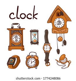 Isolated vector illustrations of a cuckoo clock, wristwatch, smartwatch, hourglass, pocket watch, carriage clock, and Doodle-style alarm clock with the handwritten signature "clock"