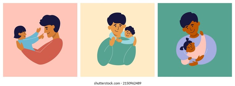 Isolated vector illustrations of family with one child or parent. Single father holding kid in hands with care and love. Man with baby girl daughter or son. Happy fathers day card. Dad and children