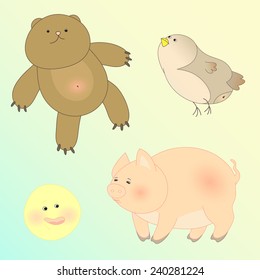 Isolated vector illustrations of funny animals and of Kolobok - the main character of an East Slavic national fairy tale