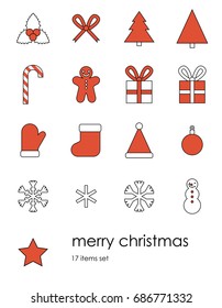 Isolated vector illustrations; icons; symbols. 17 christmas attributes. Holly, ribbon, christmas tree, candy, gingerman, present, glove, stocking, decoration, snowflakes, snowman, star. Red, white.