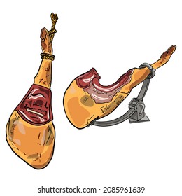 Isolated vector illustrations of jamun, prosciutto on the bone. Delicacy as a blank for a designer, logo, icon,