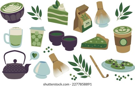 Isolated vector illustrations on a white background. Matcha tea items, pastries, latte art in a nice colorful palette