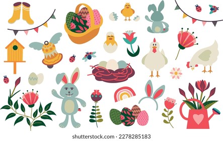 Isolated vector illustrations on a white background. Easter items, rabbit, chocolate eggs and chicken in a nice colorful palette