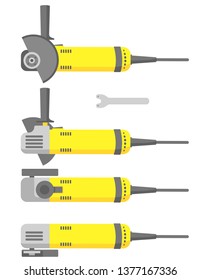 Isolated vector image of angular grinding machine. Hand electric tool. 4 sides. Allen wrench. Flat design