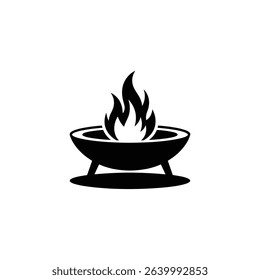 Isolated vector image displaying a black silhouette of a modern outdoor fire pit with a rounded bowl design and bright flames, set against a white background.