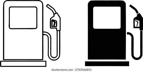 Imagem vetorial isolada exibe dois ícones estilizados da bomba de gás, um é um contorno preto e um é preto sólido, mostrado em um fundo branco transparente, perfeito para uso minimalista.