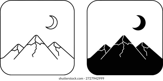 Isolated vector image displays a white outline and a solid black mountain range under a crescent moon within square icons featuring rounded corners.