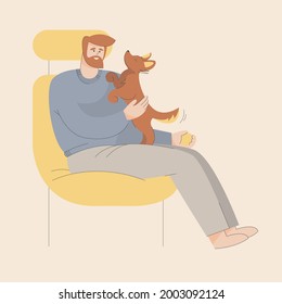 Isolated vector image of a dog with an owner. Love and care for your pet. Playing with the dog. Healthy dog. Light background. Hand drawing in flat style with line. 