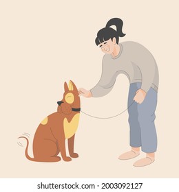 Isolated vector image of a dog with an owner. Love and care for your pet. Playing with the dog. Healthy dog. Light background. Hand drawing in flat style with line. 