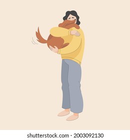 Isolated vector image of a dog with an owner. Love and care for your pet. Playing with the dog. Healthy dog. Light background. Hand drawing in flat style with line. 