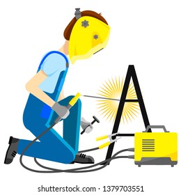 Isolated vector image. Flat design. The man working the welder is sitting. Welds metal structures. The welding machine is yellow. The man in the welding mask, jumpsuit and gloves