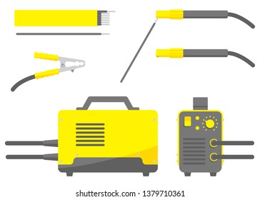 Isolated vector image. Flat design. Welding machine with electrode holder and clamp. Front and side view. Packing of welding electrodes