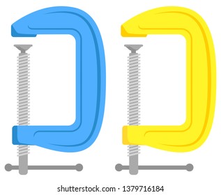 Isolated vector image. Flat design. Blue and yellow clamps. Side view. Hand tools for construction and repair.