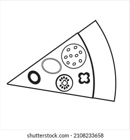 Isolated vector image of fresh pizza with tomatoes,sausage,olives,onion.Fast food.Pizza icon.Traditional Italian cuisine.Isolated white background.