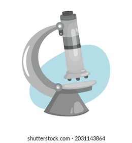 Isolated vector image of a gray metal microscope with magnifying lenses. Scientific topic, microbiology, biochemistry. Illustration in flat simple cartoon hand-drawn style for print and advertising.