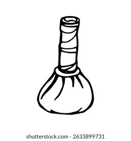 Isolated vector image Herbal pouch for body massage, rolled special piece of cloth. Hand drawn black and white doodle illustration. Attribute of beauty spa salon. Thai massage, Chinese medicine.