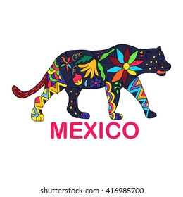 Isolated vector image of Mexican animal. Jaguar traditional Mexican animal in colorful colors and flowers. Vector illustration.