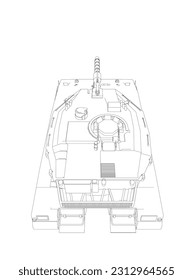 Isolierte Vektorgrafik für militärische Konzepte. Militärtank. Militärausrüstung. Konzept eines realistischen Panzers. Panzerwagen im Detail. Industrielle Zeichnung. Kriegsfahrzeug im Umriss-Stil. Vektorgrafik
