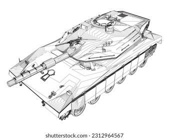 Isolated vector image for military concepts. Military tank. Military equipment. Blueprint of realistic tank. Detailed armored car. Industrial drawing. War vehicle in outline style. Vector illustration