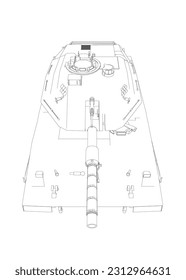 Isolierte Vektorgrafik für militärische Konzepte. Militärtank. Militärausrüstung. Konzept eines realistischen Panzers. Panzerwagen im Detail. Industrielle Zeichnung. Kriegsfahrzeug im Umriss-Stil. Vektorgrafik
