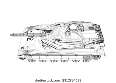 Isolated vector image for military concepts. Military tank. Military equipment. Blueprint of realistic tank. Detailed armored car. Industrial drawing. War vehicle in outline style. Vector illustration