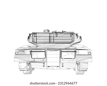 Isolated vector image for military concepts. Military tank. Military equipment. Blueprint of realistic tank. Detailed armored car. Industrial drawing. War vehicle in outline style. Vector illustration