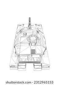 Isolierte Vektorgrafik für militärische Konzepte. Militärtank. Militärausrüstung. Konzept eines realistischen Panzers. Industrielle Zeichnung. Kriegsfahrzeug im Wireframe-Stil. Vektorgrafik. 3D..