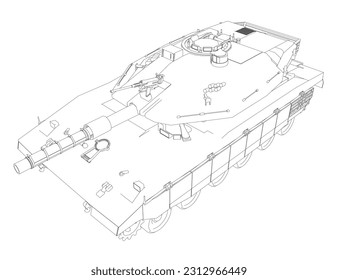 Isolated vector image for military concepts. Military tank. Military equipment. Blueprint of realistic tank. Detailed armored car. Industrial drawing. War vehicle in outline style. Vector illustration