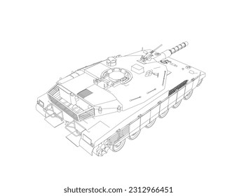 Isolated vector image for military concepts. Military tank. Military equipment. Blueprint of realistic tank. Detailed armored car. Industrial drawing. War vehicle in outline style. Vector illustration