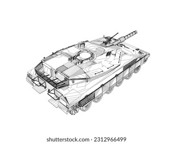 Isolated vector image for military concepts. Military tank. Military equipment. Blueprint of realistic tank. Detailed armored car. Industrial drawing. War vehicle in outline style. Vector illustration