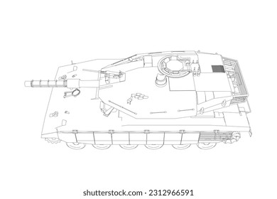 Isolated vector image for military concepts. Military tank. Military equipment. Blueprint of realistic tank. Detailed armored car. Industrial drawing. War vehicle in outline style. Vector illustration