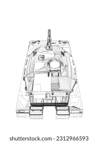 Isolierte Vektorgrafik für militärische Konzepte. Militärtank. Militärausrüstung. Konzept eines realistischen Panzers. Panzerwagen im Detail. Industrielle Zeichnung. Kriegsfahrzeug im Umriss-Stil. Vektorgrafik