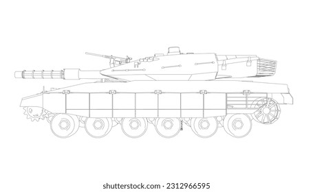 Isolated vector image for military concepts. Military tank. Military equipment. Blueprint of realistic tank. Detailed armored car. Industrial drawing. War vehicle in outline style. Vector illustration