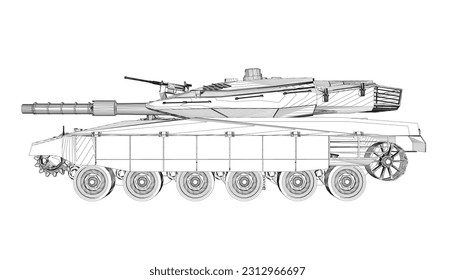 Isolated vector image for military concepts. Military tank. Military equipment. Blueprint of realistic tank. Detailed armored car. Industrial drawing. War vehicle in outline style. Vector illustration