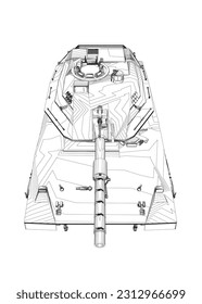 Imagen vectorial aislada para conceptos militares. Tanque militar. Equipo militar. Huella azul de tanque realista. Detallado coche blindado. Dibujo industrial. Vehículo de guerra con forma de contorno. Ilustración del vector