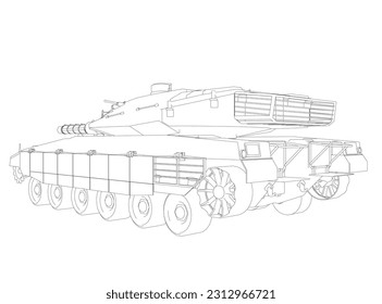 Imagen vectorial aislada para conceptos militares. Tanque militar. Equipo militar. Huella azul de tanque realista. Detallado coche blindado. Dibujo industrial. Vehículo de guerra con forma de contorno. Ilustración del vector