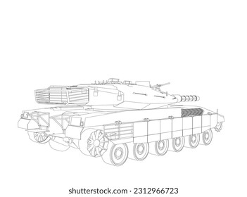 Isolierte Vektorgrafik für militärische Konzepte. Militärtank. Militärausrüstung. Konzept eines realistischen Panzers. Panzerwagen im Detail. Industrielle Zeichnung. Kriegsfahrzeug im Umriss-Stil. Vektorgrafik