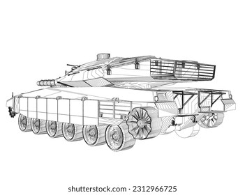 Isolated vector image for military concepts. Military tank. Military equipment. Blueprint of realistic tank. Detailed armored car. Industrial drawing. War vehicle in outline style. Vector illustration