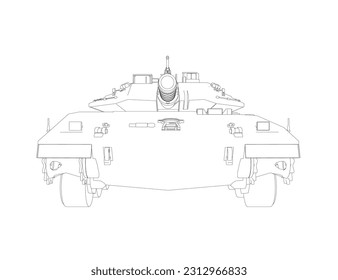 Imagen vectorial aislada para conceptos militares. Tanque militar. Equipo militar. Huella azul de tanque realista. Detallado coche blindado. Dibujo industrial. Vehículo de guerra con forma de contorno. Ilustración del vector