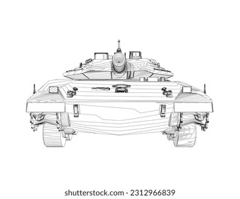 Isolierte Vektorgrafik für militärische Konzepte. Militärtank. Militärausrüstung. Konzept eines realistischen Panzers. Panzerwagen im Detail. Industrielle Zeichnung. Kriegsfahrzeug im Umriss-Stil. Vektorgrafik