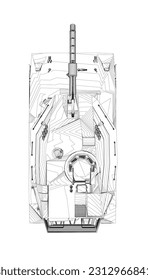Isolierte Vektorgrafik für militärische Konzepte. Militärtank. Militärausrüstung. Konzept eines realistischen Panzers. Panzerwagen im Detail. Industrielle Zeichnung. Kriegsfahrzeug im Umriss-Stil. Vektorgrafik
