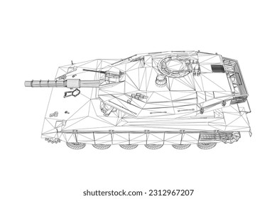 Imagen vectorial aislada para conceptos militares. Tanque militar. Equipo militar. Huella azul de tanque realista. Dibujo industrial. Vehículo de guerra al estilo de las alambradas. Ilustración vectorial. 3 D.