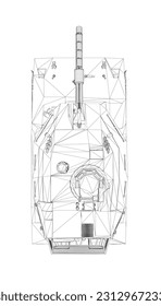 Imagen vectorial aislada para conceptos militares. Tanque militar. Equipo militar. Huella azul de tanque realista. Dibujo industrial. Vehículo de guerra al estilo de las alambradas. Ilustración vectorial. 3 D.