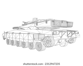 Isolated vector image for military concepts. Military tank. Military equipment. Blueprint of realistic tank. Industrial drawing. War vehicle in wireframe style. Vector illustration. 3D..