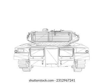 Isolated vector image for military concepts. Military tank. Military equipment. Blueprint of realistic tank. Industrial drawing. War vehicle in wireframe style. Vector illustration. 3D..